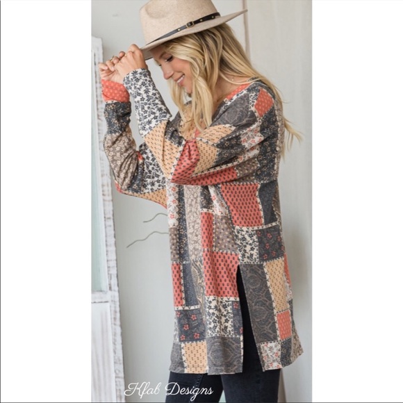 LAST 2! V Neck Patchwork Relaxed Fit Side Slit Detail Top! - Picture 6 of 8